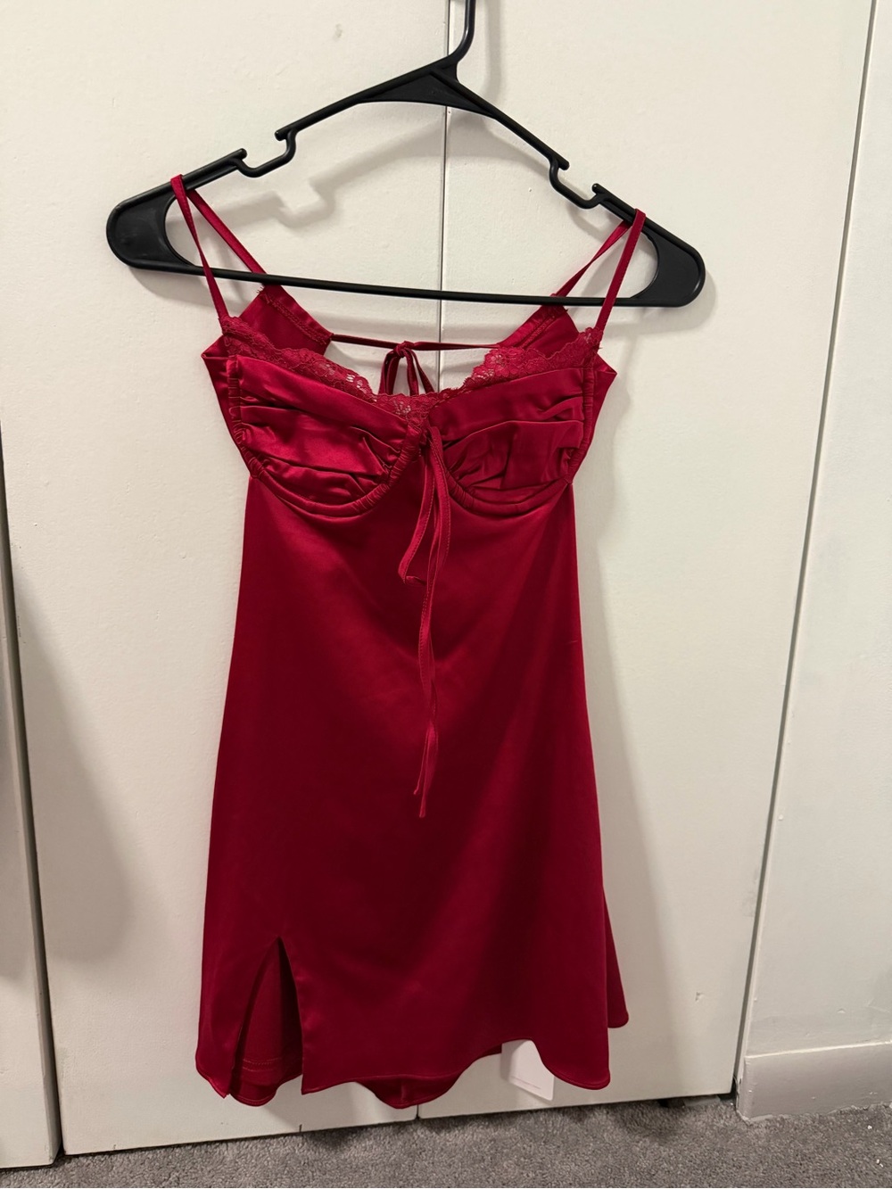 Red Satin Lace-Detail Cami Dress with Tie Front